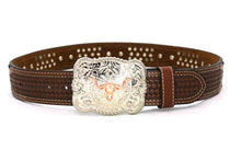 Load image into Gallery viewer, Cowhair Belt- #704 Chrome Concho & Acrylic Stones