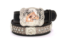 Load image into Gallery viewer, Cowhair Belt- #704 Chrome Concho & Acrylic Stones