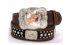 Load image into Gallery viewer, Cowhair Belt- #704 Chrome Concho & Acrylic Stones
