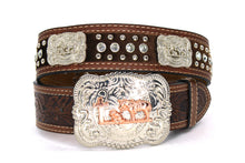 Load image into Gallery viewer, Cowhair Belt- #704 Chrome Concho & Acrylic Stones