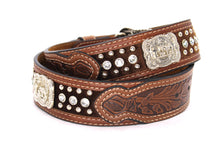Load image into Gallery viewer, Cowhair Belt- #704 Chrome Concho & Acrylic Stones