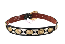 Load image into Gallery viewer, Concho Belt- #111 Gold Oval Concho & Silver Triangular Concho