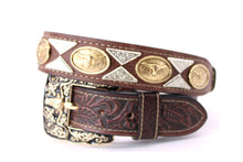 Load image into Gallery viewer, Concho Belt- #111 Gold Oval Concho & Silver Triangular Concho