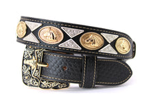 Load image into Gallery viewer, Concho Belt- #111 Gold Oval Concho & Silver Triangular Concho