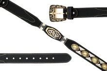 Load image into Gallery viewer, Concho Belt- #111 Gold Oval Concho & Silver Triangular Concho