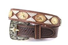 Load image into Gallery viewer, Concho Belt- #111 Gold Oval Concho & Silver Triangular Concho