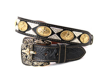Load image into Gallery viewer, Concho Belt- #111 Gold Oval Concho & Silver Triangular Concho