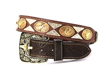 Load image into Gallery viewer, Concho Belt- #111 Gold Oval Concho & Silver Triangular Concho
