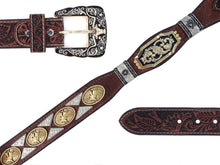 Load image into Gallery viewer, Concho Belt- #111 Gold Oval Concho & Silver Triangular Concho