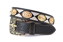 Load image into Gallery viewer, Concho Belt- #111 Gold Oval Concho & Silver Triangular Concho