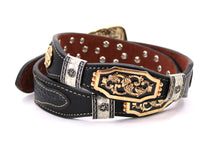 Load image into Gallery viewer, Concho Belt- #111 Gold Oval Concho & Silver Triangular Concho