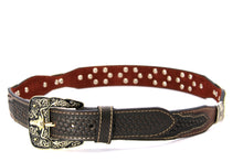 Load image into Gallery viewer, Concho Belt- #111 Gold Oval Concho & Silver Triangular Concho