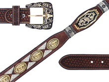 Load image into Gallery viewer, Concho Belt- #111 Gold Oval Concho & Silver Triangular Concho