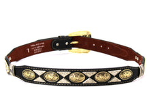 Load image into Gallery viewer, Concho Belt- #111 Gold Oval Concho & Silver Triangular Concho