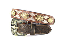 Load image into Gallery viewer, Concho Belt- #111 Gold Oval Concho & Silver Triangular Concho