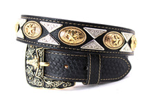 Load image into Gallery viewer, Concho Belt- #111 Gold Oval Concho & Silver Triangular Concho