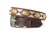 Load image into Gallery viewer, Concho Belt- #111 Gold Oval Concho & Silver Triangular Concho