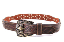 Load image into Gallery viewer, Concho Belt- #111 Gold Oval Concho & Silver Triangular Concho