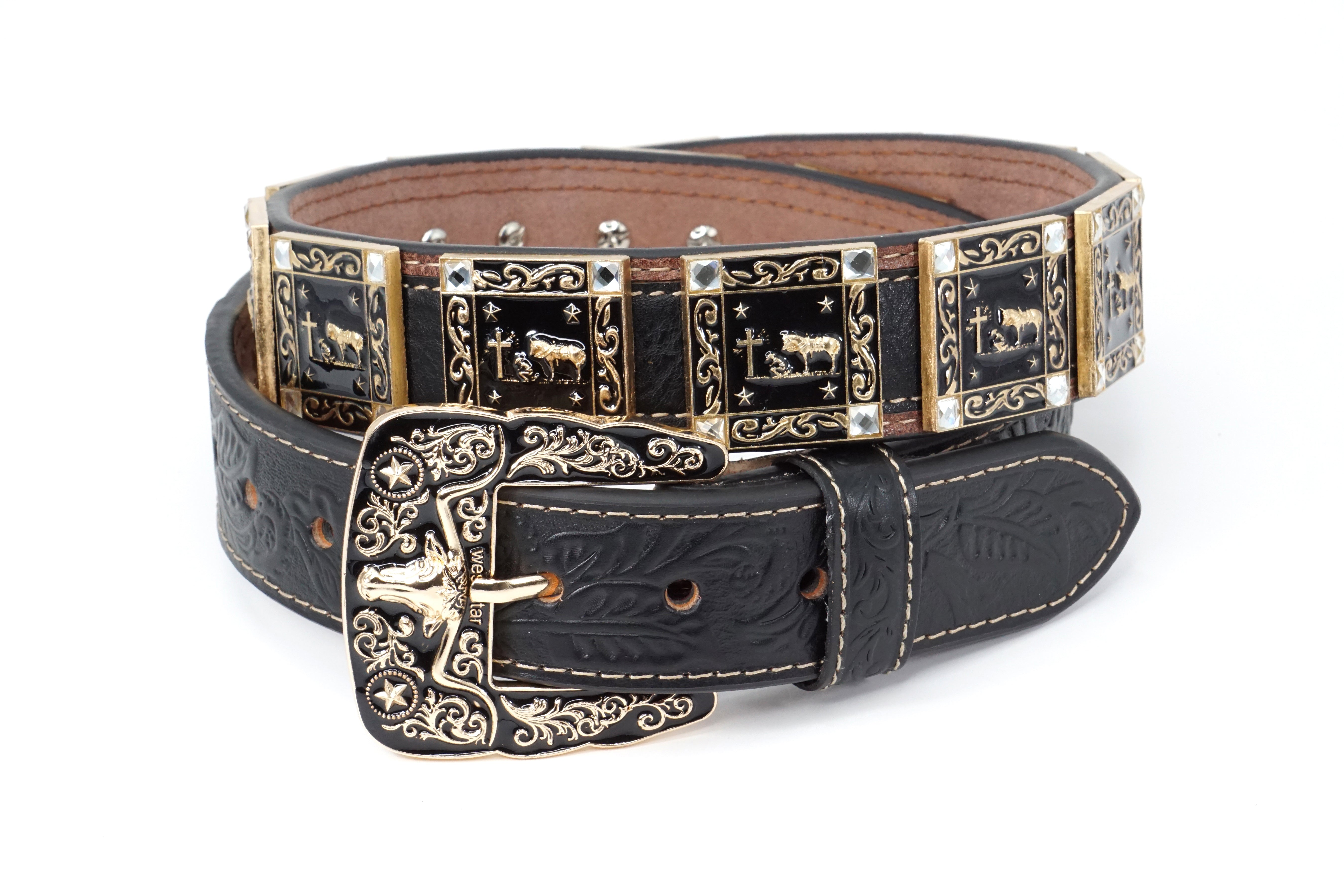 Western Black Leather Belt with Texas Rhinestones 40