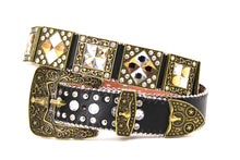 Load image into Gallery viewer, Rhinestone Belt - #201 Brass Gold Longhorn Buckle w Big Rhinestone