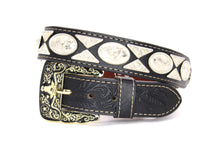 Load image into Gallery viewer, Concho Belt- #111 Gold Oval Concho &amp; Silver Triangular Concho
