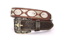 Load image into Gallery viewer, Concho Belt- #111 Gold Oval Concho &amp; Silver Triangular Concho
