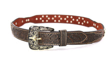 Load image into Gallery viewer, Concho Belt- #111 Gold Oval Concho &amp; Silver Triangular Concho
