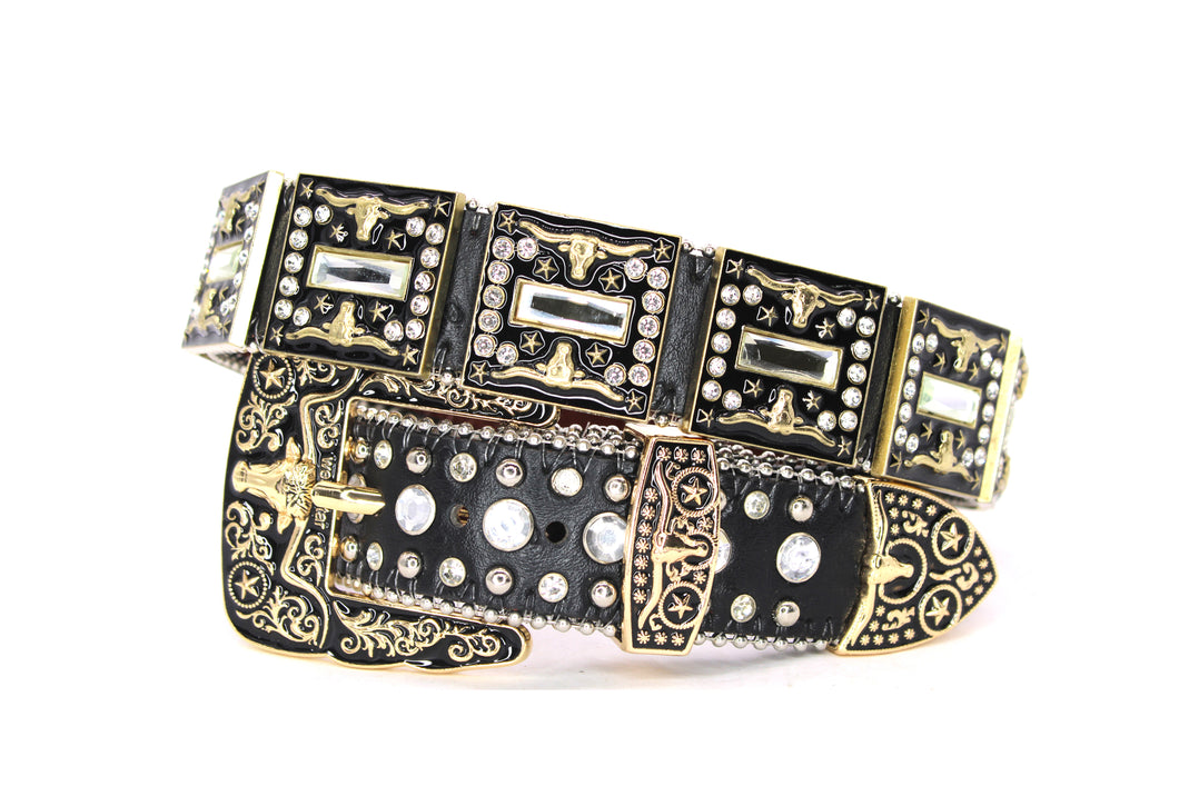 Rhinestone Belt - #5051 Longhorn Buckle w Double Longhorn