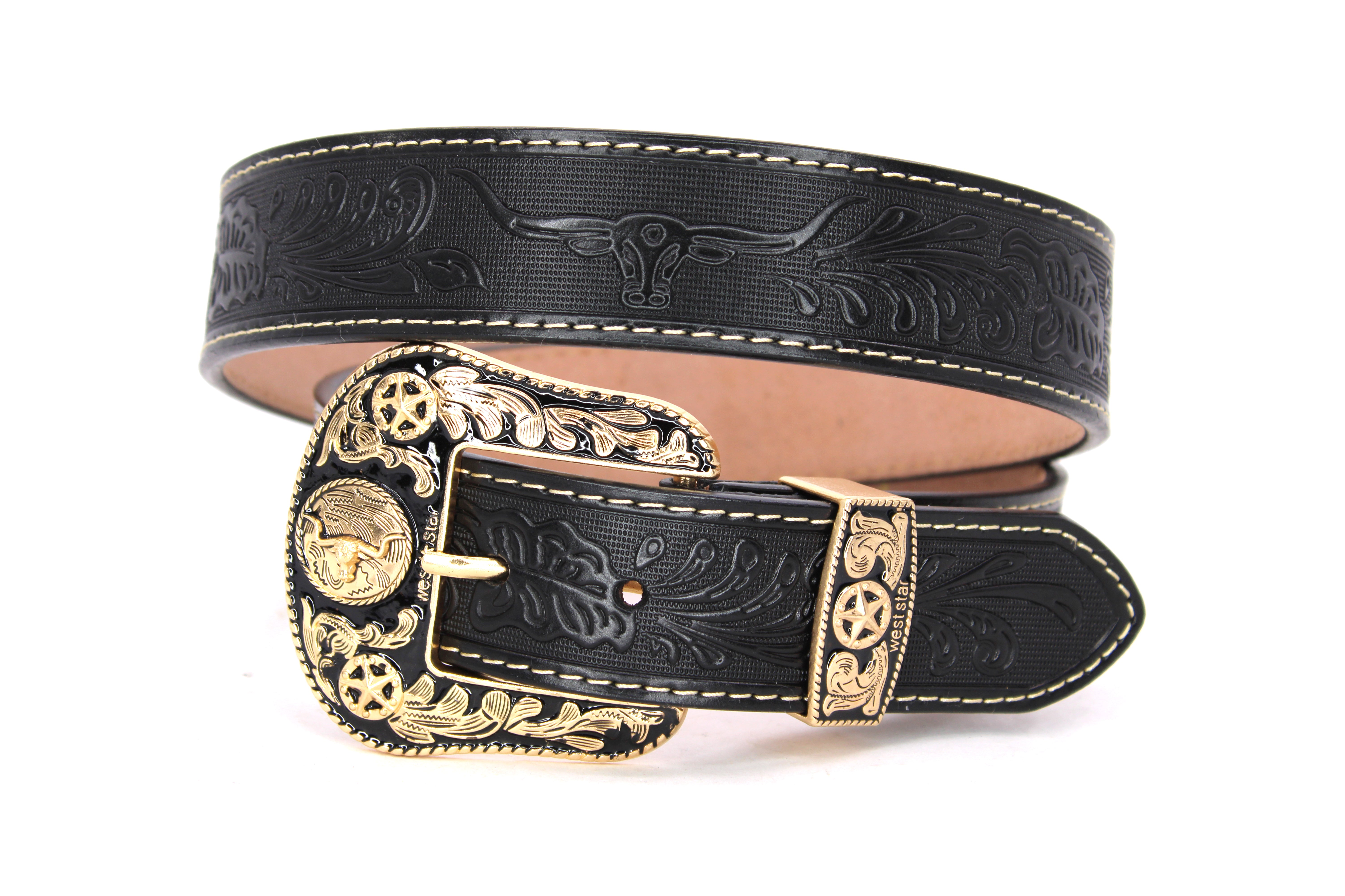 Men's Western Cowboy Gold Prayman Belt With Concho - Shiny Leather Rhinestone Belt, Longhorn/Horse Design - View #6