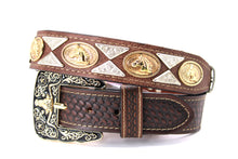 Cargar imagen en el visor de la galería, Concho Belt- #111 Gold Oval Concho &amp; Silver Triangular Concho
