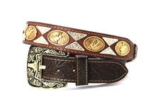 Cargar imagen en el visor de la galería, Concho Belt- #111 Gold Oval Concho &amp; Silver Triangular Concho

