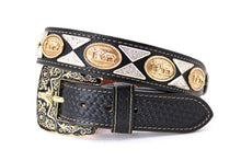 Load image into Gallery viewer, Concho Belt- #111 Gold Oval Concho &amp; Silver Triangular Concho
