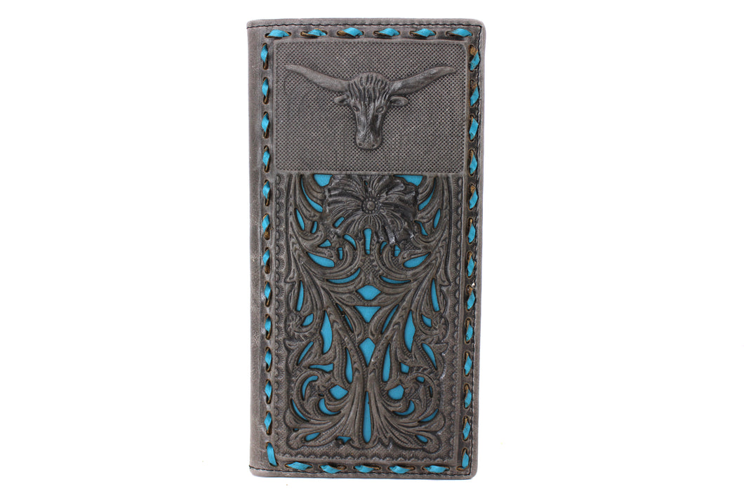 Long Wallet- #686 Hollow Out Design BK BR Off White Turquoise Wallet