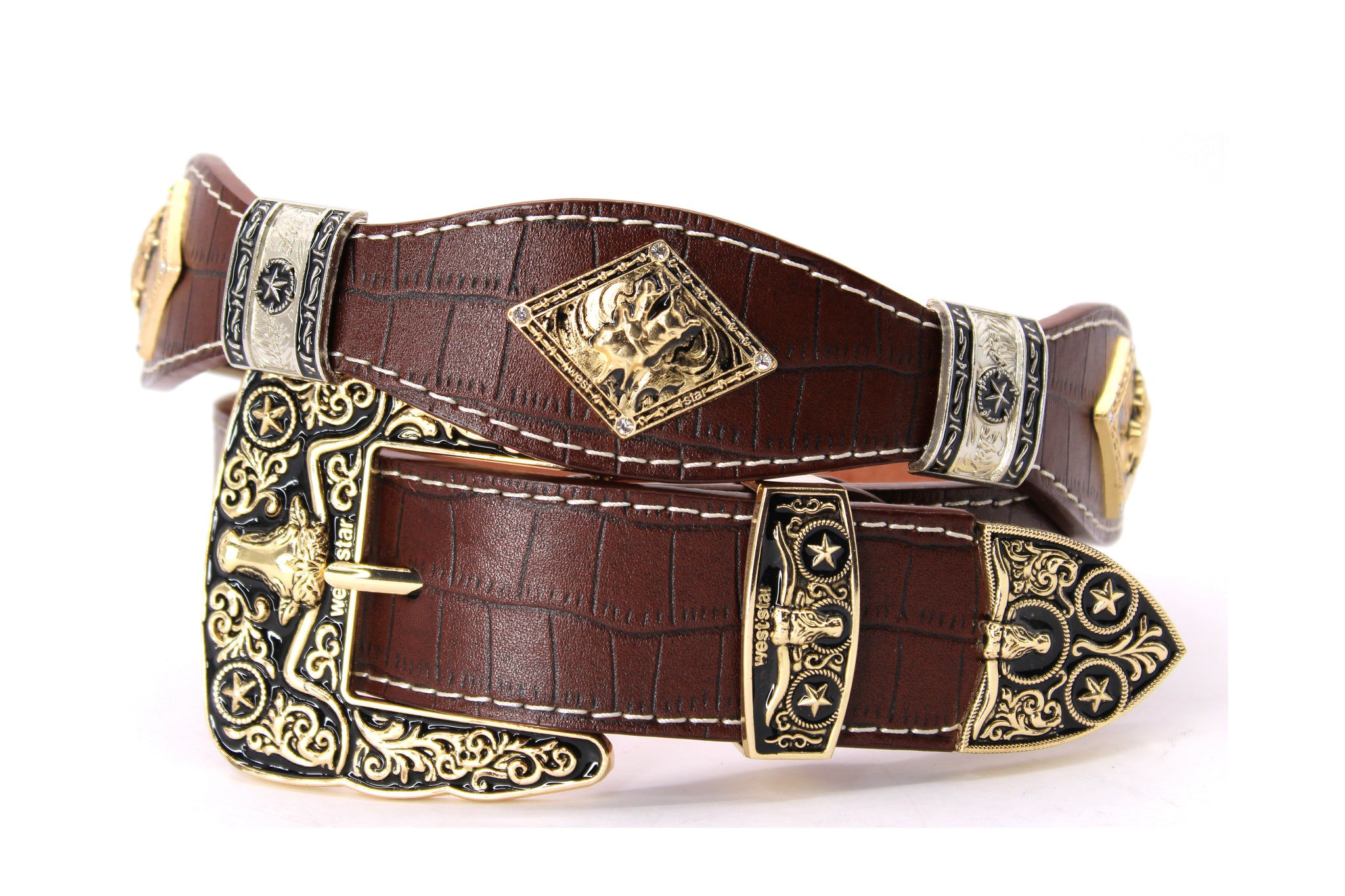 Men Women factory Belt Bull Rider Western Buckle Gold Longhorn Concho Hardware Silver Triangular Concho Contrast Stitches Thicken Strap Tooled Belt