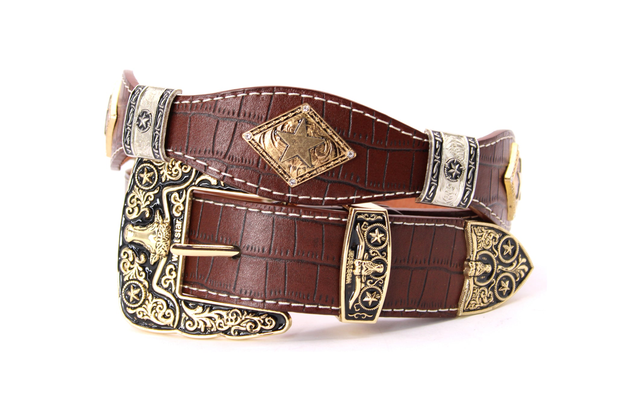 Men store Women Rhinestone Blue Stone Buckle Gold Black Double Longhorn Concho Hardware Black Contrast Stitches Super Thicken Strap Tooled Belt