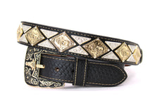 Load image into Gallery viewer, Concho Belt- #806 Gold Rhomic &amp; Silver Triangular Conchos Belt
