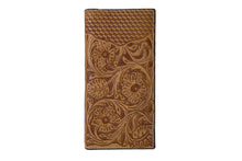 Cargar imagen en el visor de la galería, Long Wallet- #823 Genuine Leather Basketweave Floral Tooling Brown
