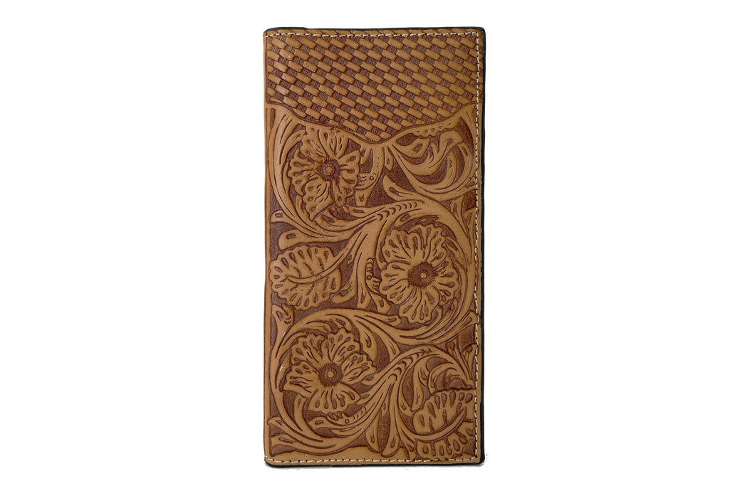 Long Wallet- #823 Genuine Leather Basketweave Floral Tooling Brown