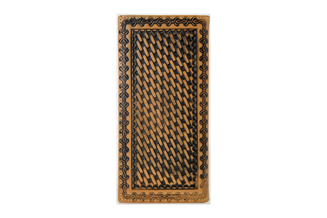 Long Wallet- #906 Genuine Leather Basketweave Floral Brown